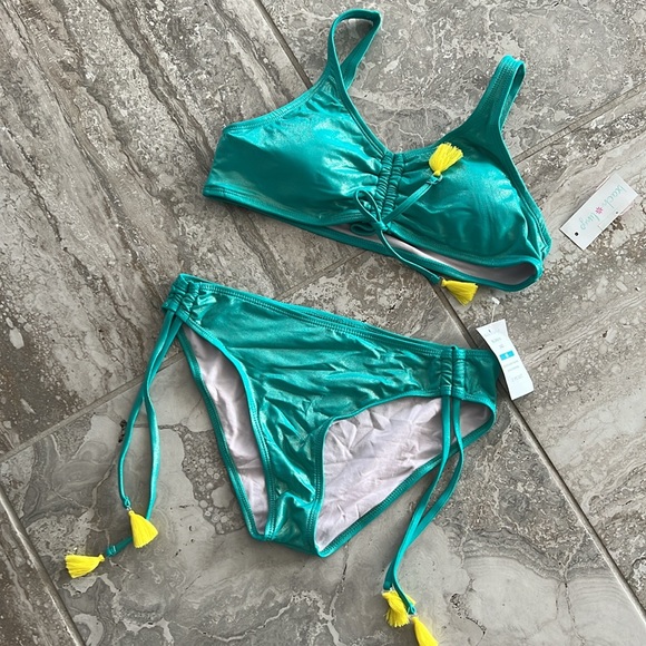 Beach Lingo Mermaid 2-Piece Metallic Turquoise Bikini Swimsuit Size 16 New w/Tag - Picture 2 of 11